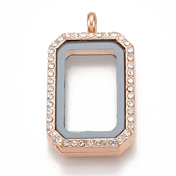 Rose Gold Alloy Magnetic Locket Pendants, with Rhinestone and Glass, Rectangle, Crystal, Rose Gold, 40.5x23.5x8mm, Hole: 4mm, Inner Measure: 24.5x15mm
