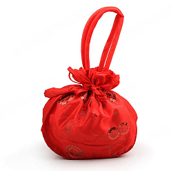 Red Retro Rectangle Cloth Drawstring Women Wristlets, with Handles, Embroidery Flower Pattern, Red, 21x20x6cm