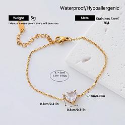 Heart 304 Stainless Steel Crystal Rhinestone Link Anklets for Women, Golden, Heart, 6-3/4 inch(170mm)