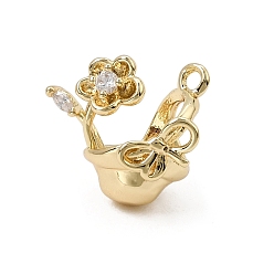 Real 18K Gold Plated Brass Micro Pave Clear Cubic Zirconia Charms, Flower Basket with Bowknot Charms, Real 18K Gold Plated, 13x14x10mm, Hole: 1.5mm