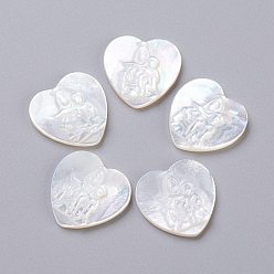 Coquillage Blanc Cabochons en nacre blanche, cœur avec vierge marie, 14.5x14.7x2mm