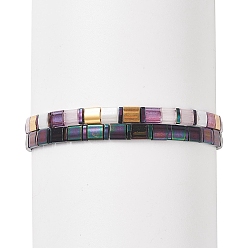 Old Lace 2Pcs 2 Style Glass Seed Rectangle Beaded Stretch Bracelets Set, Tile Bracelet for Women, Old Lace, Inner Diameter: 2-1/8 inch(5.45cm), 1Pc/style