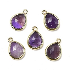 Аметист Граненые подвески из натурального аметиста, стойки с позолоченными латунными подвесками-каплями, 14x9.5x4 мм, отверстие : 1.4 мм