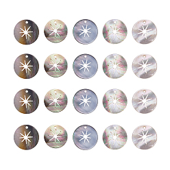 Black Lip Shell Black Lip Shell Pendants, Flat Round with Star, 20x1mm, Hole: 1.5mm