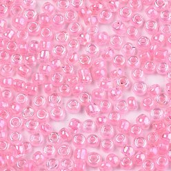 Pink 6/0 Glass Seed Beads, Inside Colours, Round Hole, Round, Transparent Colours Rainbow, Pink, 6/0, 4~5x2.5~4.5mm, Hole: 1.2mm, about 4500pcs/bag