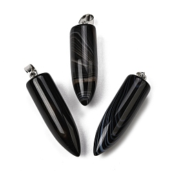 Полосатый Агат Подвески из натурального черного полосатого агата (окрашенного и подвергнутого термической обработке) с заостренными концами., Подвески в форме пули с 304 защелкивающимися креплениями из нержавеющей стали, цвет нержавеющей стали, 45x11.5~12 мм, отверстие : 7x4 мм