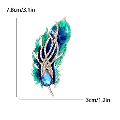 Cyan Alloy with Rhinestone Brooches, Feather, Cyan, 78x30mm