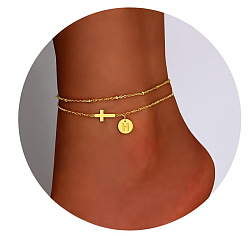 Letter H Браслеты на ногу из латуни с боковыми поперечными связями и плоскими круглыми начальными подвесками, золотые, Письмо ч, 7-7/8 дюйм (200 мм)