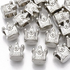 Platinum Plating ABS Plastic European Bead Rhinestone Settings, Large Hole Beads, Crown with Word Queen, Platinum, Fit for 1.5mm Rhinestone, 11.5x11.5x9.5mm, Hole: 4.5mm