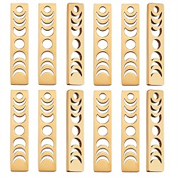 Plaqué 18K Or Véritable 20 pcs placage ionique (ip) 304 pendentifs en acier inoxydable, rectangle avec phase de la lune, réel 18 k plaqué or, 26x6x1.5mm, Trou: 2mm