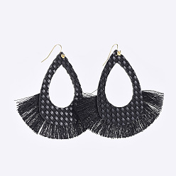 Black PU Leather Dangle Earrings, with Nylon Tassel and Brass Earring Hooks, Teardrop, Golden, Black, 82mm, Pin: 0.7mm