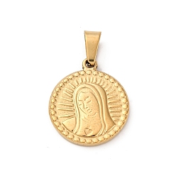 Золотой 201 подвески из нержавеющей стали, вакуумное покрытие pvd, плоский круглый с шармом Девы Марии, золотые, 20.5x18x3 мм, отверстие : 7x3 мм