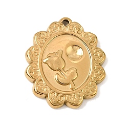 Real 18K Gold Plated 304 Stainless Steel Pendants, Floral Oval with Tulip Charms, Ion Plating(IP), Real 18K Gold Plated, 21.5x18x2.5mm, Hole: 1.2mm
