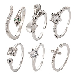 Platinum 6Pcs 6 Style Adjustable Brass Micro Pave Clear Cubic Zirconia Cuff Rings, Open Rings, Solitaire Rings, Cross & Star & Square & Snake & Bowknot, Platinum, US Size 5(16mm)~US Size 8(18mm), 1pc/style