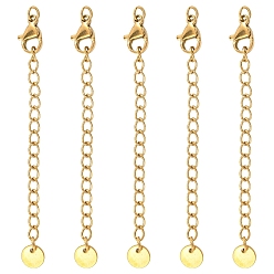 Настоящее золото 18K 5шт 304 удлинитель цепи из нержавеющей стали, концевые цепи с застежками-карабами и плоскими круглыми язычками, реальный 18 k позолоченный, 66 мм
