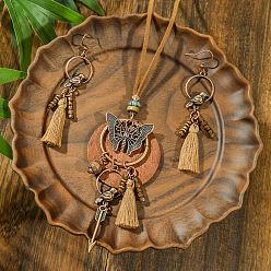 Легкий Лосось Комплект украшений из сплава и дерева в богемном стиле, серьги и ожерелья с кисточками в виде бабочек, античная бронза, светлый померанцевый, Ожерелье: 400 mm, Серьги: 80 mm