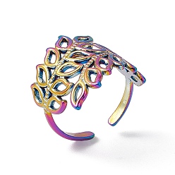 Rainbow Color Ion Plating(IP) 304 Stainless Steel Hollow Out Leaf Open Cuff Ring for Women, Rainbow Color, US Size 7 3/4(17.9mm)
