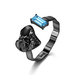 Gunmetal 925 Sterling Silver Skull Open Cuff Rings, Rectangle Rhinestone Halloween Ring for Women, Gunmetal, US Size 8(18.1mm)