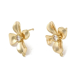 Настоящее золото 18K Фурнитура для сережек-гвоздиков в форме цветка из латуни с прозрачными кубическими цирконами, долговечный, без никеля , с петлей, реальный 18 k позолоченный, 22.5x19.5 мм, отверстие : 1.4 мм, штифты : 0.8 мм