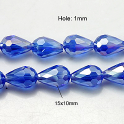 Blue Electroplate Glass Beads Strands, AB Color Plated, Faceted Teardrop, Deep Sky Blue, 15x10mm, Hole: 1mm, 50pcs/strand, 27.1 inch