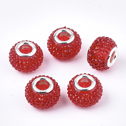 Red Resin Rhinestone European Beads, Large Hole Beads, with Platinum Tone Brass Double Cores, Rondelle, Berry Beads, Red, 14x10mm, Hole: 5mm
