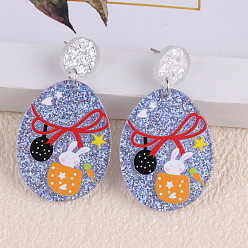 Лиловый Пасхальные акриловые серьги-подвески, яйцо с узором, с блеском порошок, сирень, 49x27 мм