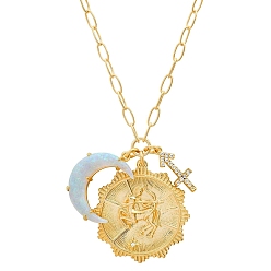 Sagittarius Cubic Zirconia Constellation & Opalite Moon Pendant Necklace, with Golden Brass Paperclip Chains, Sagittarius, 19.69 inch(50cm)