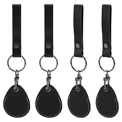 Black Leather Keychains, Teardrop, with Split Key Ring, Platinum, Black, 118mm