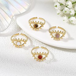 Смешанные камни 304 Открытые кольца-манжеты из нержавеющей стали с натуральными и синтетическими драгоценными камнями, злые глаза, широкая полоса кольца, реальный 14 k позолоченный, 13 мм, размер США 7 1/4 (17.5 мм)