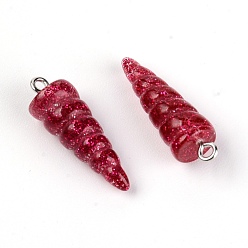 Темно-Красный Подвески из смолы, с платиновым железным колышком, блеск порошок, рог единорога, темно-красный, 29x10x9.5 мм, отверстие : 1.8 мм