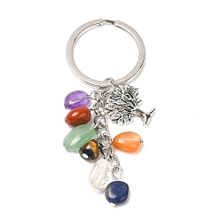 Mixed Stone Natural Gemstone Keychains, with Alloy Tree of Life Charms and Keychain Ring Clasps, 83mm