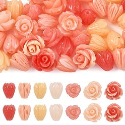 Pink 50 pièces 7 styles perles de corail synthétique, teint, bourgeon floral, rose, 8~10x6.5~10.5mm, Trou: 1~1.4mm