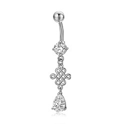 Transparent Piercing-Schmuck, kubischer Zirkiona-Nabelring aus Messing, Bauchringe, mit 304 Edelstahlleiste, Bleifrei und cadmium frei, chinesisch kont, Transparent, 47 mm, Anhänger: 25.5x10 mm, Stange: 14 Spurweite(1.6mm), Stangenlänge: 3/8"(10mm)