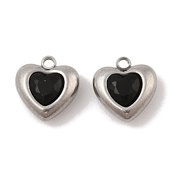 Черный 304 подвески из микро-паве из нержавеющей стали с фианитами, платина, сердце, чёрные, 10.5x10x5 мм, отверстие : 1.4 мм