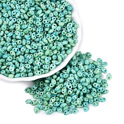 Turquoise Picasso Glass Seed Beads, Oval, 2-Hole, Turquoise, 5~6x3~4x2~3mm, Hole: 0.9~1.2mm, about 6425pcs/pound