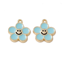 Aqua Alloy Enamel Pendants, Golden, Flower with Smiling Face Charm, Aqua, 15x14x2mm, Hole: 1.4mm