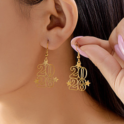 Золотой Номер 2026 304 серьги-подвески из нержавеющей стали, Новый год, золотые, 45x25 мм