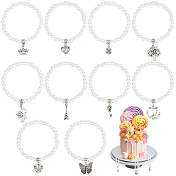 Белый 10шт. 10 стили акриловые круглые бусины эластичные браслеты, сплав шарм браслеты, белые, внутренний диаметр: 2-1/8 дюйм (5.5 см)