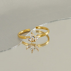 Лист 304 Кольца-манжеты из нержавеющей стали с микропаве из прозрачного кубического циркония для женщин, золотые, лист, внутренний диаметр: 20 мм