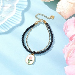 Черный Натуральный малайзийский нефритовый браслет из нескольких нитей, цветок, с ионным покрытием (IP) 304 текстурированные цепочки из нержавеющей стали и подвески из эмалевого сплава, чёрные, 7-3/4 дюйм (19.6 см)