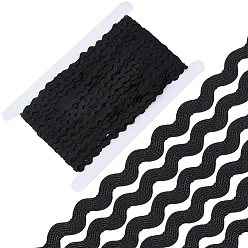 Black Wave Bending Fringe Trim, Sewing Ribbon, for Cloth Dress DIY Making Decorate, Black, 1/4 inch~3/8 inch(5~8.5mm), about 22~25m/strand