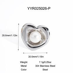 Нержавеющая Сталь Цвет Кольца-гвоздики из нержавеющей стали в форме сердца, с пластиковой имитацией жемчуга, цвет нержавеющей стали, 28.6x30 мм