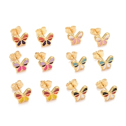 Mixed Color 304 Stainless Steel Enamel Stud Earrings, with 316 Surgical Stainless Steel Pin, Golden, Butterfly, Mixed Color, 7x9.5x2mm, Pin: 0.8mm