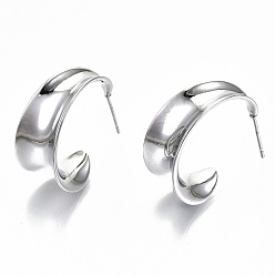 Платинированный Полукруглые серьги-гвоздики из латуни, серьги-кольца, без никеля , Реальная платина, 23x24x11.5 мм, штифты : 0.7 мм