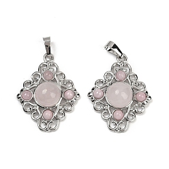 Розовый Кварц Природного розового кварца подвески, ромбовидные подвески с латунной фурнитурой, стойки покрытие, платина, 35.5x27x7.5 мм, отверстие : 8.5x4.5 мм