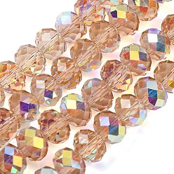 Персиковый Слойка Гальванизируйте прозрачное стекло бисер нитей, рондель, с покрытием AB цвета, с половиным покрытием, граненые, розовые, 8x6 мм, отверстие : 1.2 мм, около 78~80 шт / нитка, 6.89~19.02'' (47.5~48.3 см)