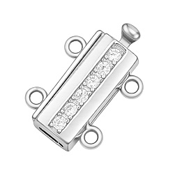 Platinum 925 Sterling Silver Crystal Rhinestone Box Clasps, 4-Hole, 2-Strand, with Suede Fabric Square Silver Polishing Cloth, Rectangle, Platinum, 10x14.5x5.5mm, Hole: 1.2mm