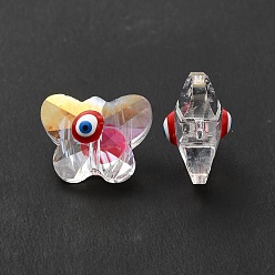 Red Evil Eye Glass Butterfly Beads, with Enamel, Faceted, AB Color Plated, Red, 12x15x9mm, Hole: 1.2mm