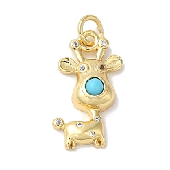 Turquoise Rack Plating Brass Micro Pave Cubic Zirconia Enamel Pendants, with Jump Ring, Long-Lasting Plated, Lead Free & Cadmium Free, Real 18K Gold Plated, Deer, Turquoise, 19.5x10x4.5mm, Hole: 3.5mm