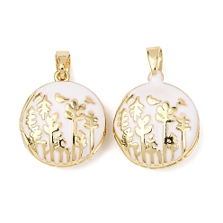 Белый Латунь эмаль Locket подвески, плоские круглые подвески с цветочным узором, золотые, белые, 18x15.5x7 мм, отверстие : 5x3 мм